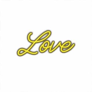 Neon sign with word "Love" in cursive script.