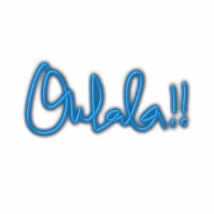 Neon blue "Owala!!" handwritten text illustration.