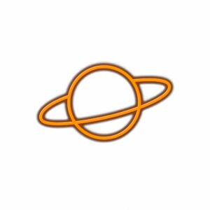 Orange neon planet symbol with rings.