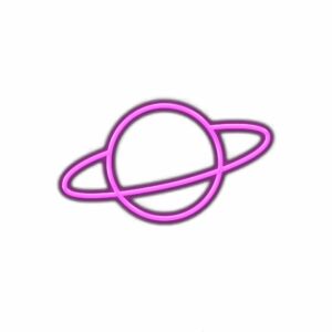Neon purple planet icon with rings illustration.