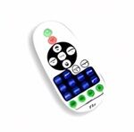 Colorful toy remote control on white background.