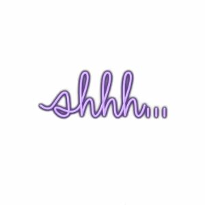 Purple "shhh..." cursive text illustration on white background.