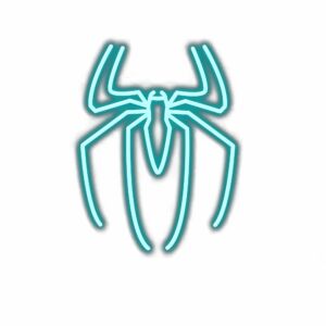 Neon blue spider silhouette illustration on white background.