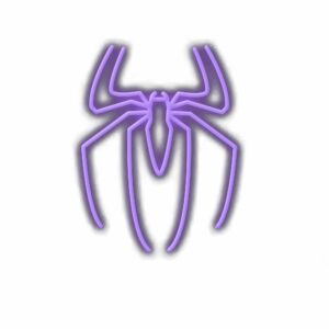 Neon purple spider illustration on white background.