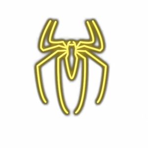 Neon yellow spider symbol on white background.
