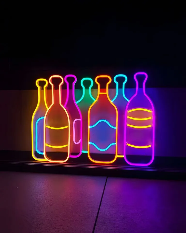 Neon light installation featuring five colorful bottles in a row against a dark background.